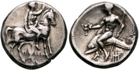 CALABRIA. Tarentum. Circa 272-240 BC. Didrachm or Nomos (Silver, 19 mm, 6.34 g, 9 h), Philiskos, magistrate. Youth riding horse walking to right, rais...