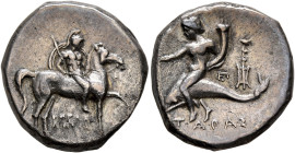 CALABRIA. Tarentum. Circa 272-240 BC. Didrachm or Nomos (Silver, 20 mm, 6.36 g, 11 h), Herakletos and Ep..., magistrates. I-HPAKΛHTOΣ Helmeted warrior...