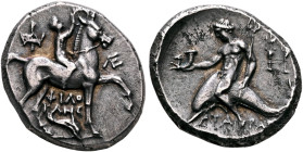 CALABRIA. Tarentum. Circa 240-228 BC. Didrachm or Nomos (Silver, 20 mm, 6.60 g, 9 h), Philokles, magistrate. ΦΙΛΟ/ΚΛΗΣ Nude youth, holding rein in his...