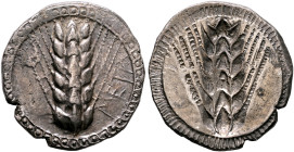 LUCANIA. Metapontion. Circa 510-470 BC. Stater (Silver, 24 mm, 8.05 g). ΜΕΤΑ Ear of barley with six grains; cable border. Rev. Incuse ear of barley wi...