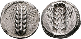 LUCANIA. Metapontion. Circa 510-470 BC. Stater (Silver, 19 mm, 8.00 g). ΜΕΤ (retrograde) Ear of barley with six grains; cable border. Rev. Incuse ear ...