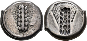 LUCANIA. Metapontion. Circa 470-440 BC. Stater (Silver, 18 mm, 7.99 g, 12 h). Μ[ΕΤ]Α Ear of barley with six grains; around, border of dots. Rev. Incus...