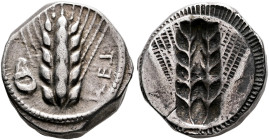 LUCANIA. Metapontion. Circa 470-440 BC. 

Stater (Silver, 19 mm, 8.10 g). ΜΕΤ Ear of barley with five grains; in field to left, head of a ram upward...