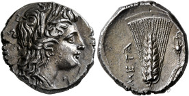 LUCANIA. Metapontion. Circa 290-280 BC. Nomos (Silver, 20 mm, 7.66 g, 10 h). Head of Demeter to right, wearing wreath of grain ears, single pendant ea...