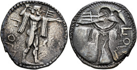 LUCANIA. Poseidonia. Circa 530-500 BC. Drachm (Silver, 21 mm, 3.49 g, 12 h). ΠΟM Poseidon, nude but for chlamys over his shoulders, striding right, br...