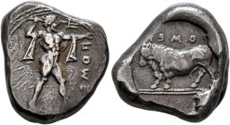LUCANIA. Poseidonia. Circa 445-420 BC. Stater (Silver, 19 mm, 8.08 g, 5 h). ΠΟME[S] Poseidon striding to right, his left arm outstretched, brandishing...