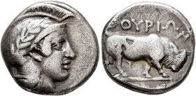 LUCANIA. Thourioi. Circa 443-400 BC. Didrachm or Nomos (Silver, 19 mm, 7.60 g, 7 h). Head of Athena to right, wearing crested and laureate Attic helme...