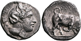 LUCANIA. Thourioi. Circa 400-350 BC. Distater (Silver, 22 mm, 7.47 g, 9 h). Head of Athena to right, wearing crested Attic helmet, the bowl adorned wi...