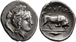 LUCANIA. Thourioi. Circa 350-300 BC. Triobol (Silver, 13 mm, 0.95 g, 7 h). Head of Athena to right, wearing crested Attic helmet decorated with a grif...