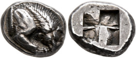 LUCANIA. Velia. Circa 535-510 BC. Drachm (Silver, 14 mm, 3.90 g). Forepart of a lion to right, devouring prey. Rev. Quadripartite incuse square. HN It...