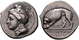 LUCANIA. Velia. Circa 334-300 BC. Didrachm or Nomos (Silver, 21 mm, 7.28 g, 5 h). Head of Athena to left, wearing Phrygian helmet decorated with a cen...