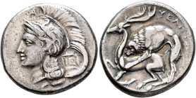 LUCANIA. Velia. Circa 280 BC. Didrachm or Nomos (Silver, 21 mm, 7.32 g, 1 h). Head of Athena to left, wearing crested Attic helmet adorned with Pegasu...
