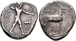 BRUTTIUM. Kaulonia. Circa 475-425 BC. Didrachm or Nomos (Silver, 23 mm, 7.69 g, 5 h). KAVΛ Apollo, nude, advancing to right, with a laurel branch in h...
