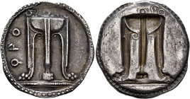 BRUTTIUM. Kroton. Circa 530-500 BC. Stater (Silver, 29 mm, 7.98 g, 12 h). ϘΡΟ Tripod with legs ending in lion's feet, and with three handles and snake...