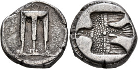 BRUTTIUM. Kroton. Circa 480-430 BC. Didrachm or Nomos (Silver, 20 mm, 7.77 g, 11 h). [ϘPO] Tripod, legs terminating in lion's feet. Rev. Incuse eagle ...