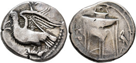 BRUTTIUM. Kroton. Circa 350-300 BC. Nomos (Silver, 22 mm, 7.68 g, 6 h). Eagle with spread wings standing left on hare, its head raised; to lower left,...