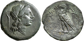 BRUTTIUM. Lokroi Epizephyrioi. Circa 287-278 BC. AE (Bronze, 28 mm, 11.74 g, 3 h). Head of Persephone to right, her hair loosely gathered with a ribbo...