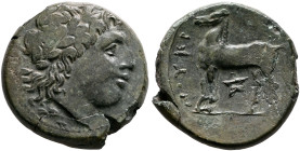 BRUTTIUM. Nuceria. Circa 225-200 BC. AE (Bronze, 21 mm, 7.72 g, 10 h). Laureate head of Apollo to right; below, crab. Rev. NOYKP[INΩN] Horse standing ...