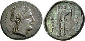 BRUTTIUM. Petelia. Late 3rd century BC. AE (Bronze, 19 mm, 5.44 g, 7 h). Laureate head of Apollo to right. Rev. ΠΕΤΗ-ΛΙΝΩΝ Tripod with three handles a...