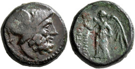 BRUTTIUM. Petelia. Late 3rd century BC. AE (Bronze, 15 mm, 4.31 g, 8 h). Head of Ares to right, wearing crested Corinthian helmet. Rev. ΠΕΤΗ/ΛΙΝΩΝ Nik...