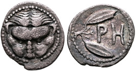BRUTTIUM. Rhegion. Circa 415/0-387 BC. Litra (Silver, 13 mm, 0.74 g, 10 h). Facing head of a lion. Rev. PH within olive sprig. Herzfelder pl. XI, J. H...
