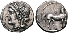 BRUTTIUM. Carthaginian occupation. Circa 215-205 BC. 1/4 Shekel (Silver, 14 mm, 1.66 g, 3 h), Second Punic War issues. Uncertain mint in Bruttium (Lok...