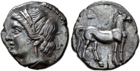 BRUTTIUM. Carthaginian occupation. Circa 215-205 BC. 1/4 Shekel (Silver, 13 mm, 2.00 g, 6 h), Second Punic War issues. Uncertain mint in Bruttium (Lok...