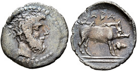 SICILY. Abakainon. Circa 420-410 BC. Litra (Silver, 13 mm, 0.62 g, 4 h). Bearded male head to right. Rev. ABA Boar standing right; before, acorn. Bert...
