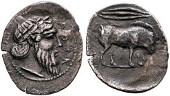 SICILY. Abakainon. Circa 420-410 BC. Litra (Silver, 12 mm, 0.71 g, 3 h). Bearded male head to right. Rev. ABA Boar standing right; in field to right, ...