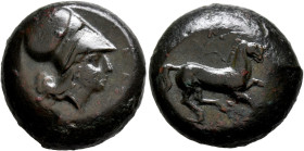 SICILY. Aitna. 354/3-344 BC. Tetras (Bronze, 24 mm, 18.27 g, 3 h). [ΑΙ]ΤΝΑ[ΙΩΝ] Head of Athena to right, wearing Corinthian helmet. Rev. Horse with tr...