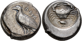 SICILY. Akragas. Circa 488/85-480/78 BC. Didrachm (Silver, 19 mm, 8.82 g, 9 h). AKPA Eagle standing left with closed wings. Rev. Crab; below, bird sta...