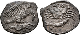 SICILY. Akragas. Circa 420-410 BC. Hemidrachm (Silver, 18 mm, 2.14 g, 12 h). Eagle standing right, wings spread and head lowered, tearing at dead hare...