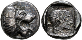CARIA. Knidos. Circa 500-490 BC. Trihemiobol (Silver, 11 mm, 1.53 g, 12 h), Milesian standard. Head of a roaring lion to right. Rev. Head of Aphrodite...
