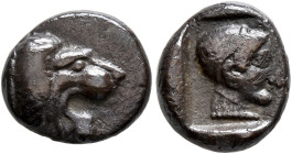 CARIA. Knidos. Circa 500-490 BC. Trihemiobol (Silver, 12 mm, 1.78 g, 3 h), Milesian standard. Head of a roaring lion to right. Rev. Head of Aphrodite ...