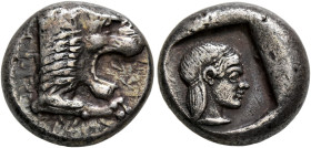 CARIA. Knidos. Circa 490-465 BC. Drachm (Silver, 16 mm, 6.17 g, 12 h). Forepart of a roaring lion to right. Rev. Diademed head of Aphrodite to right, ...