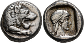 CARIA. Knidos. Circa 465-449 BC. Drachm (Silver, 17 mm, 6.12 g, 6 h). Forepart of a roaring lion to right. Rev. Diademed head of Aphrodite to right, w...