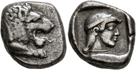 CARIA. Knidos. Circa 465-449 BC. Drachm (Silver, 18 mm, 6.11 g, 9 h). Forepart of a roaring lion to right. Rev. Diademed head of Aphrodite to right, w...