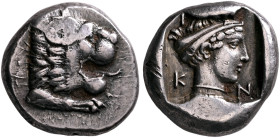 CARIA. Knidos. Circa 411-405/4 BC. Drachm (Silver, 18 mm, 6.22 g, 6 h). Forepart of a roaring lion to right. Rev. K-N-I Head of Aphrodite to right, he...