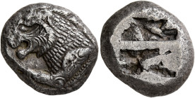 CARIA. Mylasa (?). Circa 520-490 BC. Stater (Silver, 20 mm, 11.00 g). Forepart of a lion to left; on shoulder, uncertain symbol or monogram. Rev. Incu...