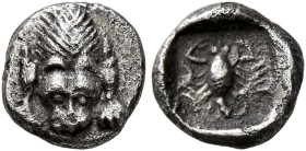 CARIA. Mylasa. Circa 450-400 BC. Hemiobol (Silver, 8 mm, 0.61 g, 1 h). Facing forepart of a lion. Rev. Scorpion within incuse square. HN online 973. S...