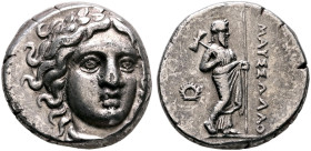 SATRAPS OF CARIA. Maussolos, circa 377/6-353/2 BC. Drachm (Silver, 14 mm, 3.62 g, 12 h), Halikarnassos, circa 370-353. Laureate head of Apollo facing ...