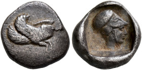 ISLANDS OFF CARIA, Rhodos. Ialysos. Circa 480-408 BC. Diobol (Silver, 12 mm, 1.32 g, 12 h). Forepart of a winged boar to right. Rev. Head of Athena to...