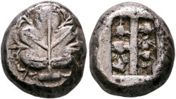 ISLANDS OFF CARIA, Rhodos. Kamiros. Circa 480-460 BC. Stater (Silver, 20 mm, 11.87 g), Aeginetic standard. Fig leaf. Rev. Two rough rectangular incuse...