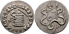 PHRYGIA. Apameia. Circa 166-133 BC. Cistophorus (Silver, 28 mm, 12.70 g, 1 h), circa 150-140. Cista mystica from which snake coils; all within wreath ...