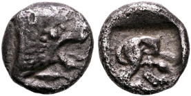 ASIA MINOR. Uncertain. Circa 5th century BC. Diobol (Silver, 10 mm, 1.18 g, 12 h). Head of a roaring lion to right. Rev. Hindhalf of a lion to right w...