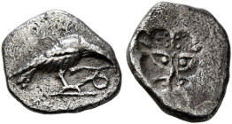 WESTERN ASIA MINOR, Uncertain. 5th century BC. Hemiobol (Silver, 9 mm, 0.41 g, 3 h). Eagle standing right, head lowered and tearing at serpent. Rev. I...