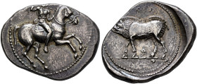 PAMPHYLIA. Aspendos. Circa 420-360 BC. Drachm (Silver, 23 mm, 5.50 g, 7 h). Warrior on horseback to right, holding reins in his left hand and brandish...