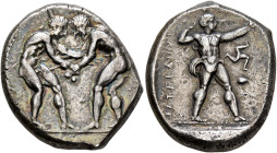 PAMPHYLIA. Aspendos. Circa 380/75-330/25 BC. Stater (Silver, 24 mm, 10.88 g, 7 h). Two nude wrestlers, standing and grappling with each other; between...