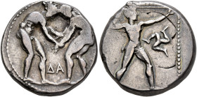 PAMPHYLIA. Aspendos. Circa 380/75-330/25 BC. Stater (Silver, 20 mm, 11.00 g, 12 h). Two nude wrestlers, standing and grappling with each other; betwee...