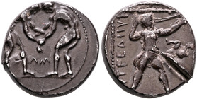 PAMPHYLIA. Aspendos. Circa 380/75-330/25 BC. Stater (Silver, 22 mm, 10.89 g, 11 h). Two nude wrestlers, standing and grappling with each other; betwee...
